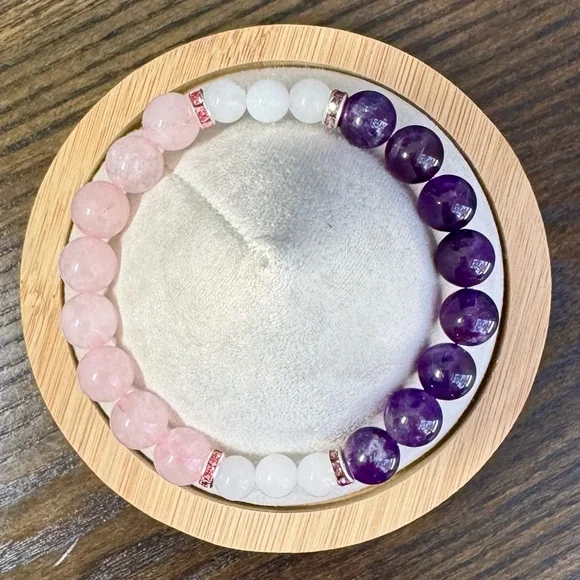 Elegant Pink Purple Beaded Bracelet Amethyst, Rose Quartz & White Jade for Adult - Picture 3 of 5